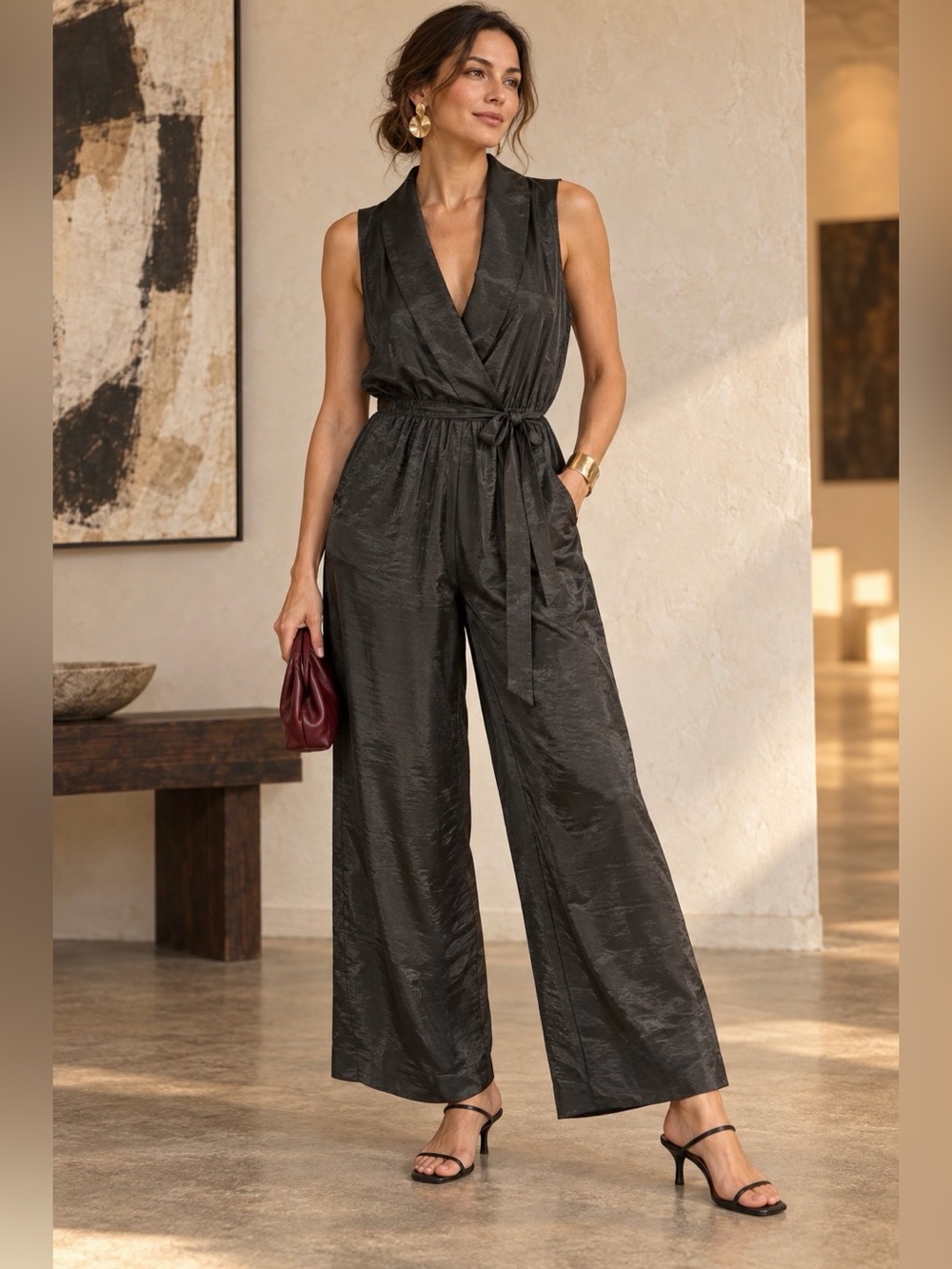 Anthropologie Tiny Black Satin Wide Leg Jumpsuit Sleeveless Tie Waist Small